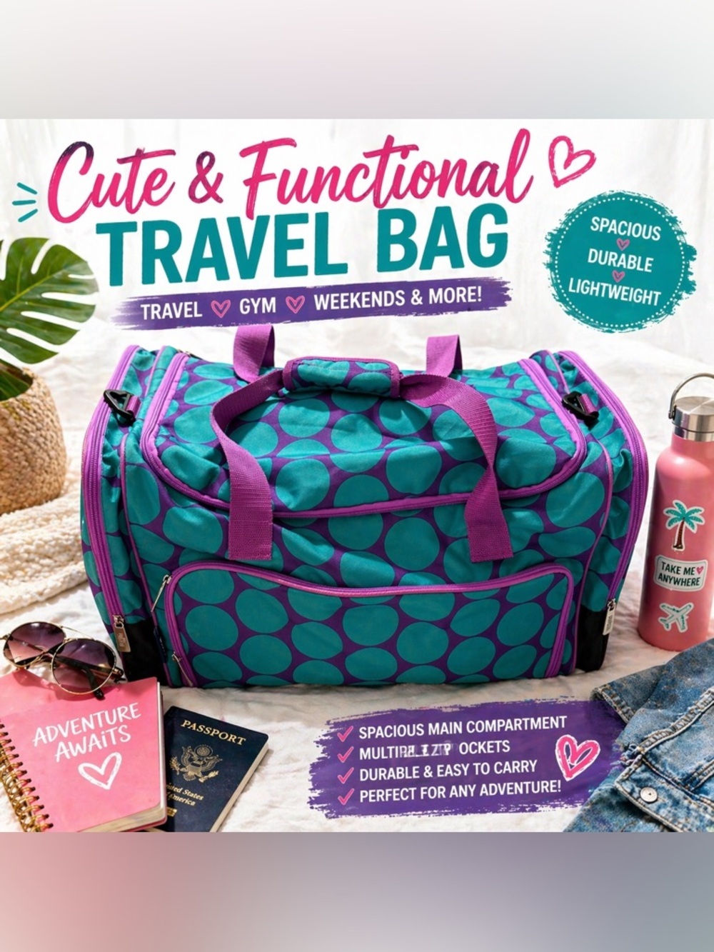 Wildkin Duffel Bag Purple Teal Polka Dot Travel Gym Overnight